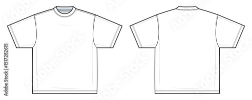 Classic Boxy T-Shirt Technical Fashion Illustration. Basic Short Sleeve Crewneck Tee Vector Template. Front and Back View. Oversized Fit. Minimalist Design. CAD Mockup set.