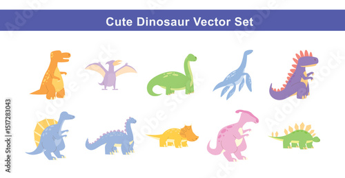 Cute Cartoon Dinosaurs Vector Set - Colorful Prehistoric Animal Collection
