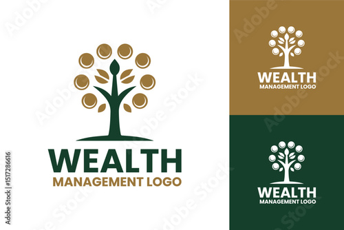 Minimalist Wealth Management Logo with Money Tree and Coin Design in Gold and Green Branding Colors
