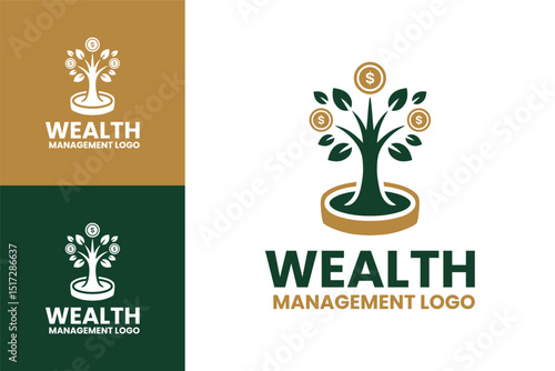Professional Finance Logo with Wealth Tree and Coin in Green and Gold for Asset Management Services
