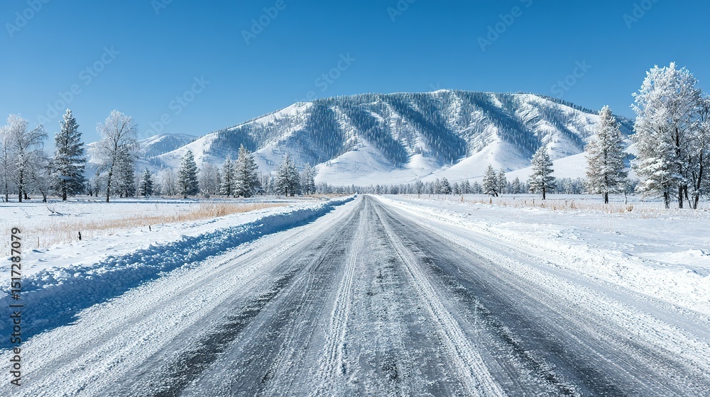 Winter road through a snowy landscape with mountains in the background. Winter road through a snowy landscape with mountains in the background.
