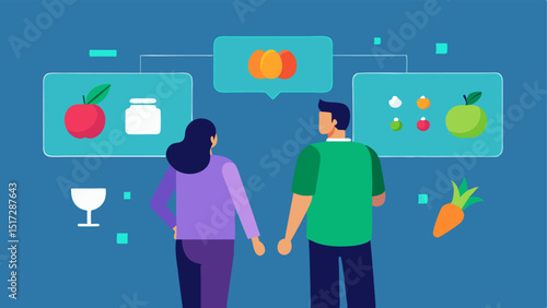 A couple interacts with a holographic interface selecting virtual groceries while oversized icons for fruits and vegetables hover above their heads.