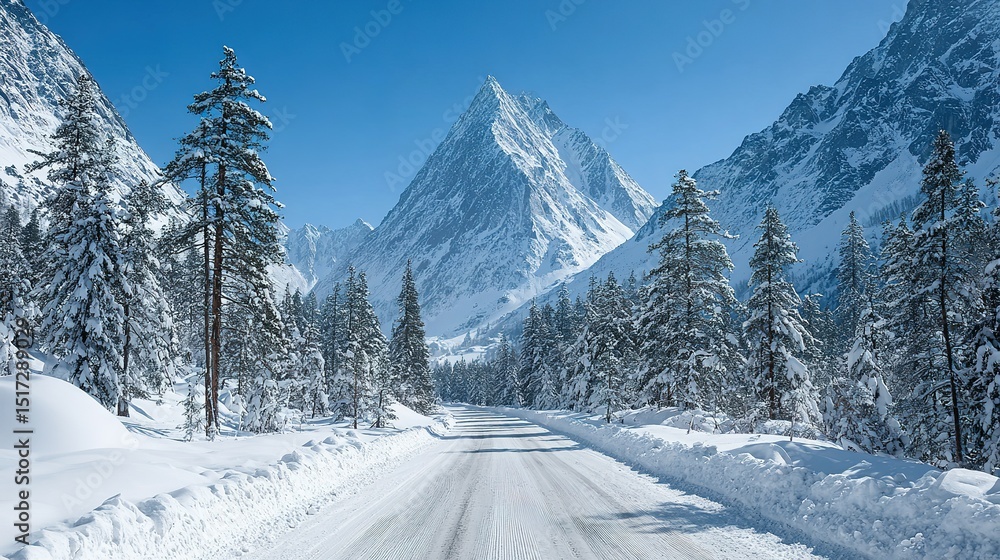 Fototapeta premium Snowy mountain road winding through a wintry forest.