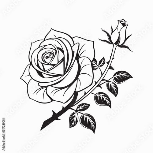 A black and white illustration of a rose with leaves and thorns - Outline Rose