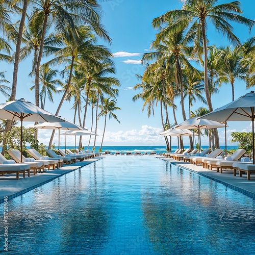 The oceanfront hotel pool in a tropical country features tall coconut palms with sun loungers and umbrellas facing the relaxing sea in summer, panoramic views against a blue background.