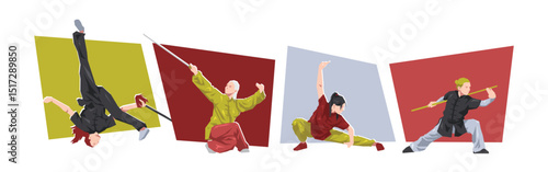 Set of female wushu athlete, fighter in action, dynamic pose. Sport, martial arts. Cartoon flat vector illustration.