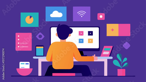 Digital Collage Maker A person working on a computer with AI tools highlighting images offering layouts and automatically suggesting complementary color schemes for a digital