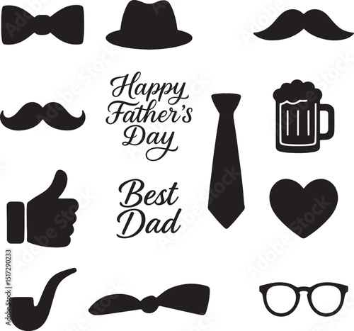 Happy father’s day elements silhouette set icons, symbol vector art illustration.