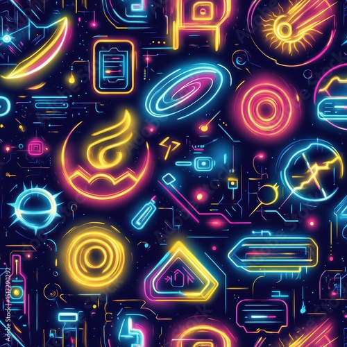 Vibrant Neon Outline Patterns of Cosmic Symbols and Abstract Shapes
