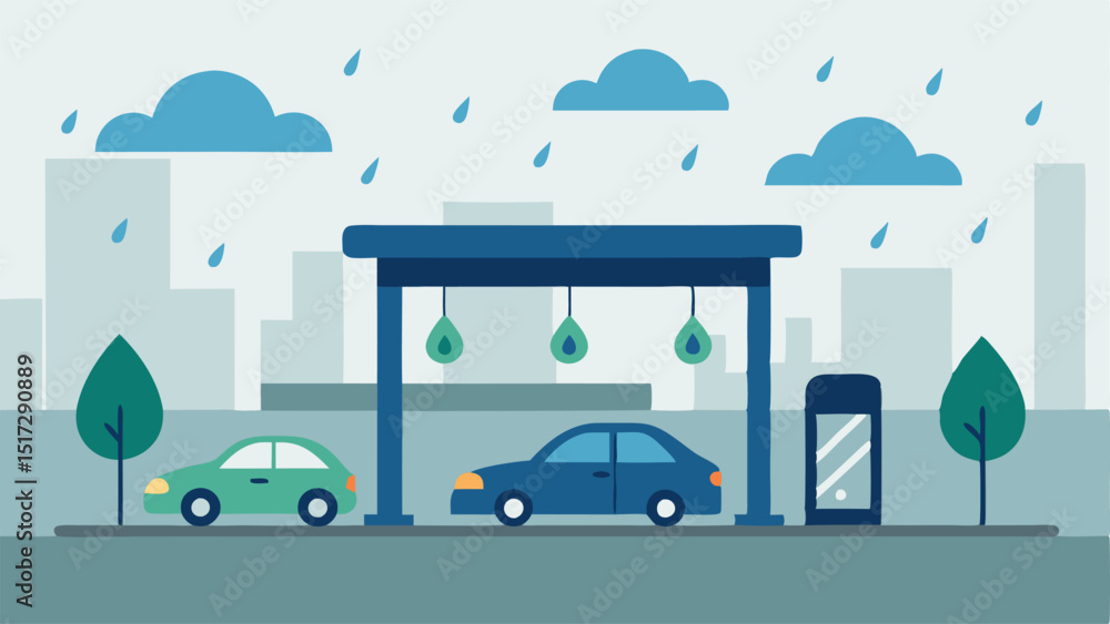 Obraz premium Charging in the Rain An illustration of an electric vehicle charging at a covered station during a rainy day with droplets on the windows and pedestrians with umbrellas.