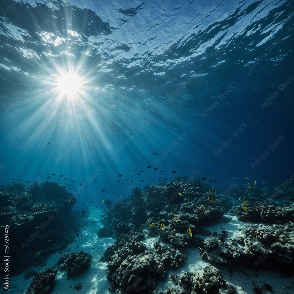 Fototapeta premium Underwater Sea - Deep Water Abyss With Blue Sun light