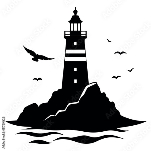 Lighthouse on Rocky Coast Guiding Light, Seabirds, and Ocean Waves Illustration
