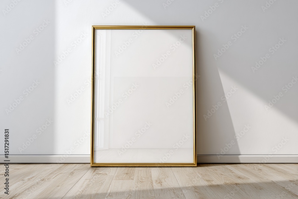 A large, empty, gold-framed picture stands against a white wall, sunlight casting shadows on the floor and frame. Light wood flooring is visible A large, empty, gold-framed picture stands against a white wall, sunlight casting shadows on the floor and frame. Light wood flooring is visible