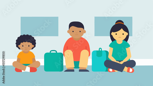 Bored Children Children sitting on the floor next to their parent looking bored while waiting for their turn at the return counter surrounded by bags.