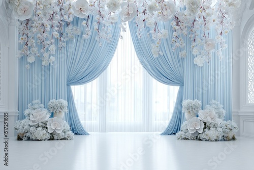 Elegant light blue curtains frame a window, adorned with large paper flowers in white and pale blue, creating a romantic, wedding-like atmosphere in a bright, minimalist room