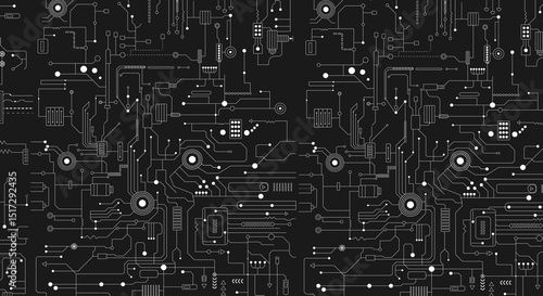 Circuit technology background with hi-tech digital data connection system and computer electronic design. Black monochrome background
