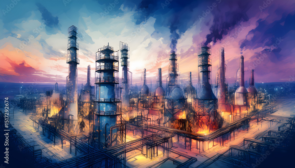An illustrative interpretation of an industrial zone at dusk, with tall towers and structures aglow under a dramatic sky An illustrative interpretation of an industrial zone at dusk, with tall towers and structures aglow under a dramatic sky