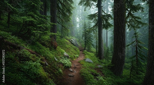 Misty forest path winds uphill through lush, moss-covered terrain, tall evergreens line the way, creating an atmospheric, serene scene