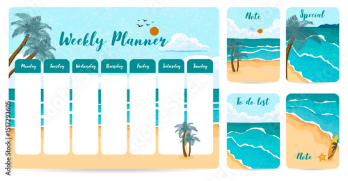cute weekly planner background with beach.Vector illustration for kid and baby.Editable element
