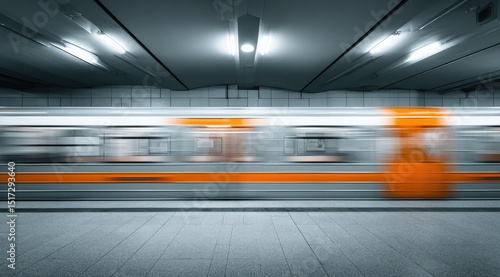 A blurred, high-speed train rushes through a modern, minimalist subway station with grey walls and bright fluorescent lighting.  Orange accents on the train contrast the cool tones of the platform