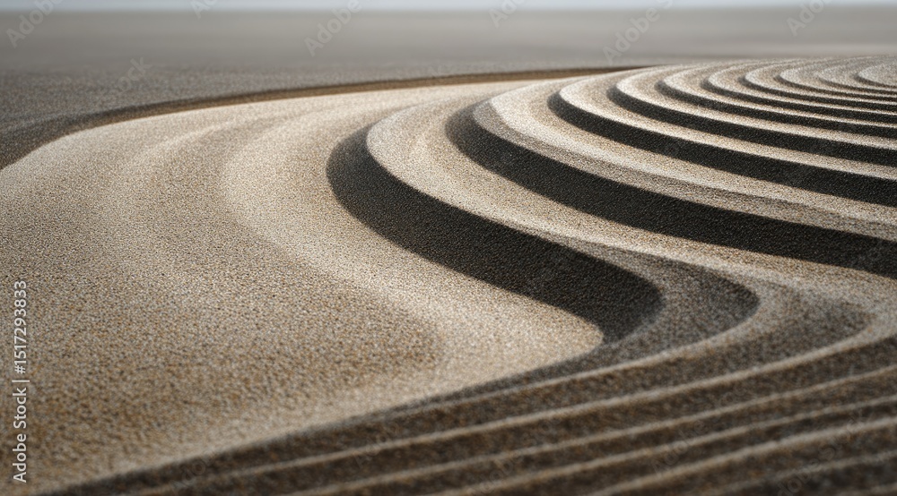 Naklejka premium Abstract swirling sand patterns, light beige and darker brown tones creating concentric curves on a flat sandy surface, suggesting a calm and meditative atmosphere