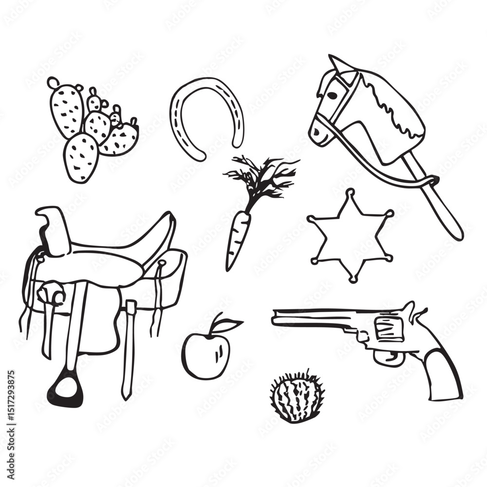 Obraz premium Hand drawn set of western vector doodles. Line art illustrations with wild west atmosphere, hobby horse, leather saddle, horseshoe, revolver, sheriff's star, apple, carrot and various cactuses