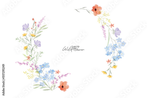 Colorful meadow wildflowers watercolor botanical background wreaht frame. Spring and summer Background watercolor arrangements with small flower. Botanical illustration minimal style.