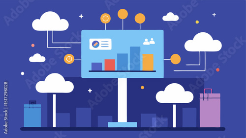 Ad Placement A digital billboard being filled with ads automatically generated by AI with a backdrop of data clouds to signify datadriven decisions.