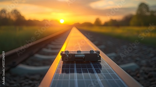 Sunset over a railway track with solar panels.