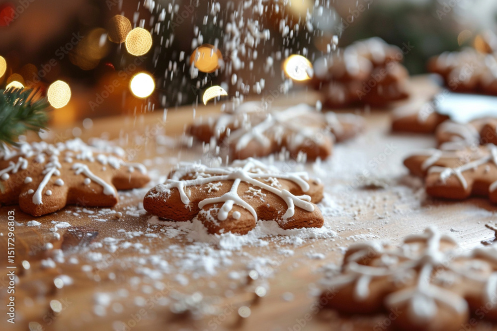 Christmas gingerbread cookies are on the table where white flour is poured blurred background bokeh Christmas gingerbread cookies are on the table where white flour is poured blurred background bokeh