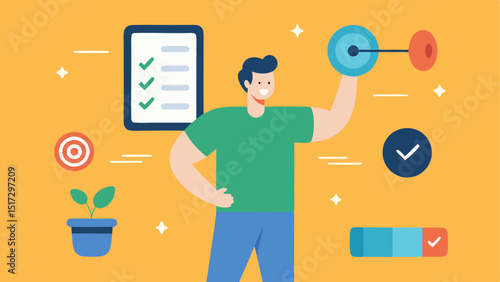 Goal Setting A user setting fitness goals on the app depicted with motivational icons like targets and checkmarks emphasizing personal achievements.