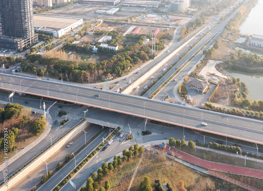 Fototapeta premium Aerial view of downtown intersection
