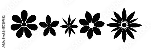 A set of 5 floral silhouette icons in a 1x5 layout, featuring solid black designs with sharp styles like layered petals and starburst patterns. Set on a transparent background, ideal for design