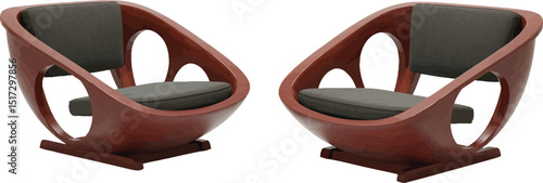 A pair of spherical wooden lounge chairs with a sleek finish vector illustration