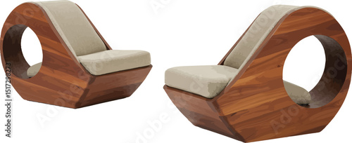 Spherical wooden lounge chairs with circular openings and cushioned seats vector illustration