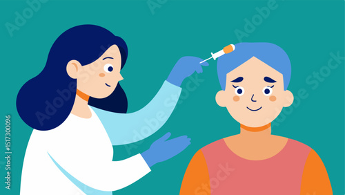 Injectable Treatment An illustration of a practitioner administering an injectable treatment to a patients forehead highlighting a syringe and gentle facial expressions.