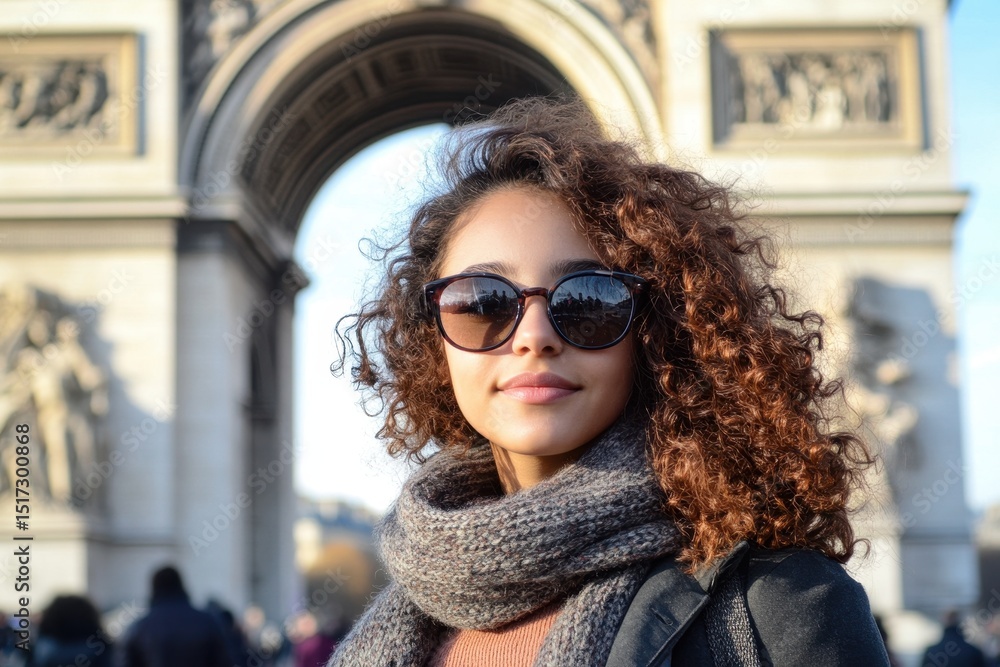 Young tourist enjoying a sunny day at the Arc de Triomphe in Paris with stylish sunglasses and a warm scarf, Beautiful young tourist at the Arc de Triomphe in Paris Young tourist enjoying a sunny day at the Arc de Triomphe in Paris with stylish sunglasses and a warm scarf, Beautiful young tourist at the Arc de Triomphe in Paris