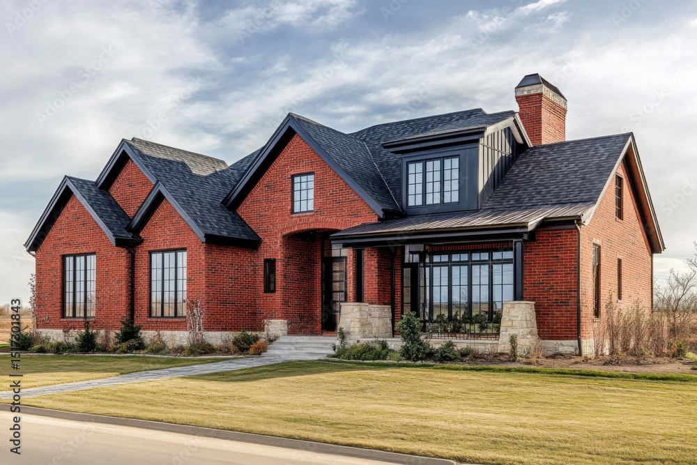 A contemporary brick home features expansive windows and a beautifully landscaped yard, all set within a charming suburban neighborhood during the serene late afternoon hours A contemporary brick home features expansive windows and a beautifully landscaped yard, all set within a charming suburban neighborhood during the serene late afternoon hours