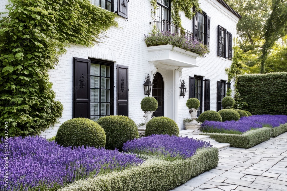 Obraz premium Colorful lavender blooms complement manicured hedges and elegant architecture in a serene garden setting during sunny daylight