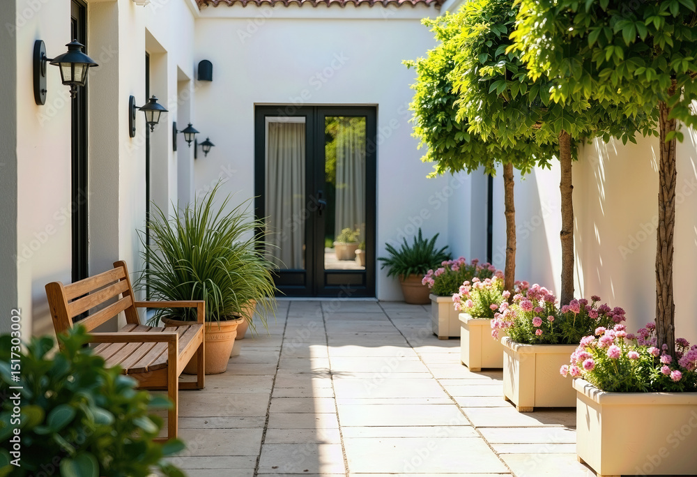 Fototapeta premium Enhance your home with a functional courtyard space connecting indoors and outdoors through stylish double glass doors, featuring white walls, a paved patio, elegant wall lanterns, attractive rectangu