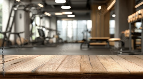 Wallpaper Mural A rustic wooden table sits in the foreground, sharply in focus, against a blurred background of a modern, spacious gym with exercise equipment and large windows Torontodigital.ca