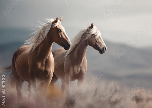 Digital Wild Ethereal Mustang Companions in Soft-Focus Landscape - Natures Resilience and Freedom Visual Storytelling for Eco-Conscious Branding