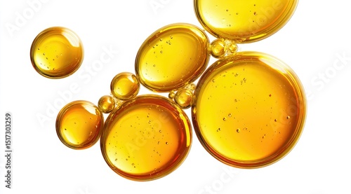 Close-up of translucent, amber-hued oil droplets suspended in a clear liquid against a stark white background; varying sizes and slight internal shimmer