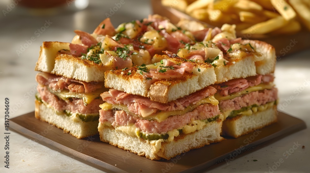 Four gourmet sandwiches, stacked, on a wooden platter. Four gourmet sandwiches, stacked, on a wooden platter.