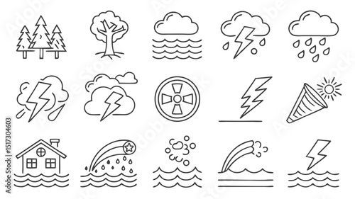 Line-style icons portraying the wrath of nature — storms, tidal waves, wildfires, and extreme rainfall, designed for digital platforms addressing climate emergency and preparedness.