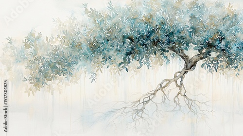 Fototapeta Naklejka Na Ścianę i Meble -  painting of olive tree with delicate root system flowing like water, soft green and earthy tones, abstract background with white space around edges olive tree watercolor abstract roots soft 