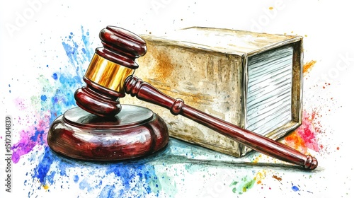 Legal justice concept with a gavel and law book symbolizing law, courtroom authority, legal proceedings, justice system, and judicial decisions in a colorful artistic style