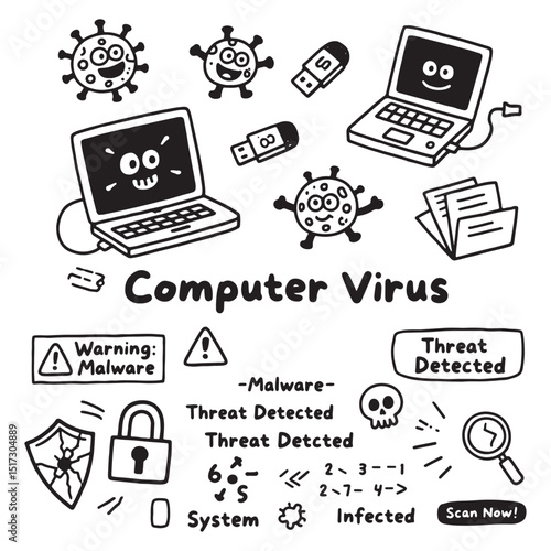 Cartoon Computer Virus and Cybersecurity Warning
