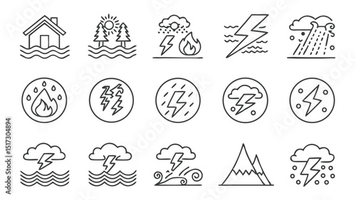 Black-and-white minimalist disaster icons illustrating atmospheric hazards like flash floods, lightning, coastal surges, forest fires, and thunderstorms—perfect for environmental monitoring dashboards