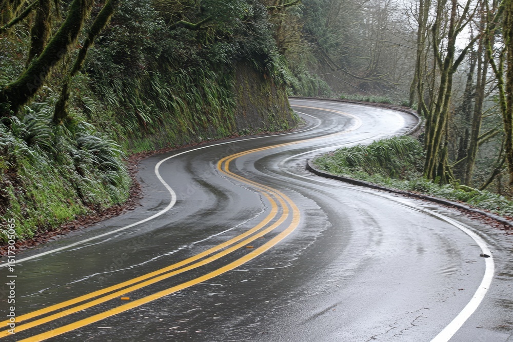 Fototapeta premium Curvy wet road winding through lush greenery during a foggy morning in a serene forested area